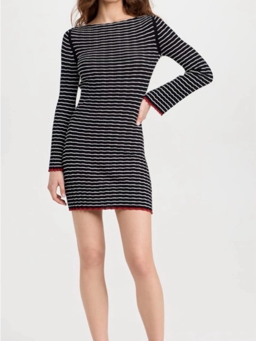 Guest in Residence Cotton/Silk Blue & White Knit Mini Dress with Red Trim